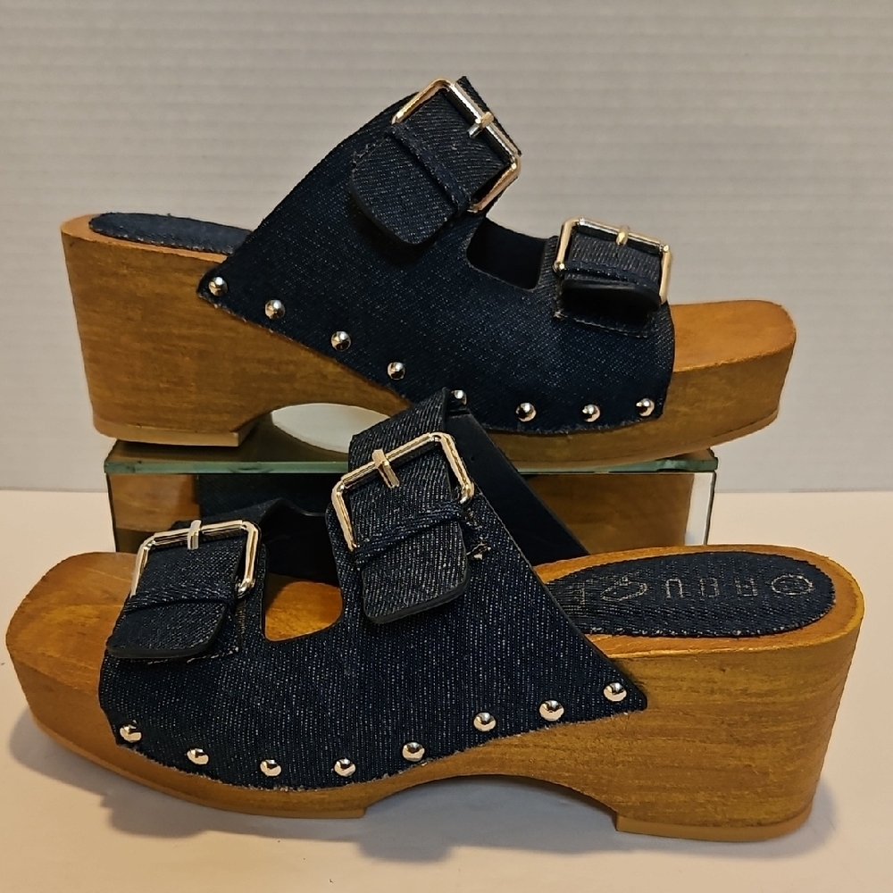 Blue and Brown Mules with Wooden Platform Sole